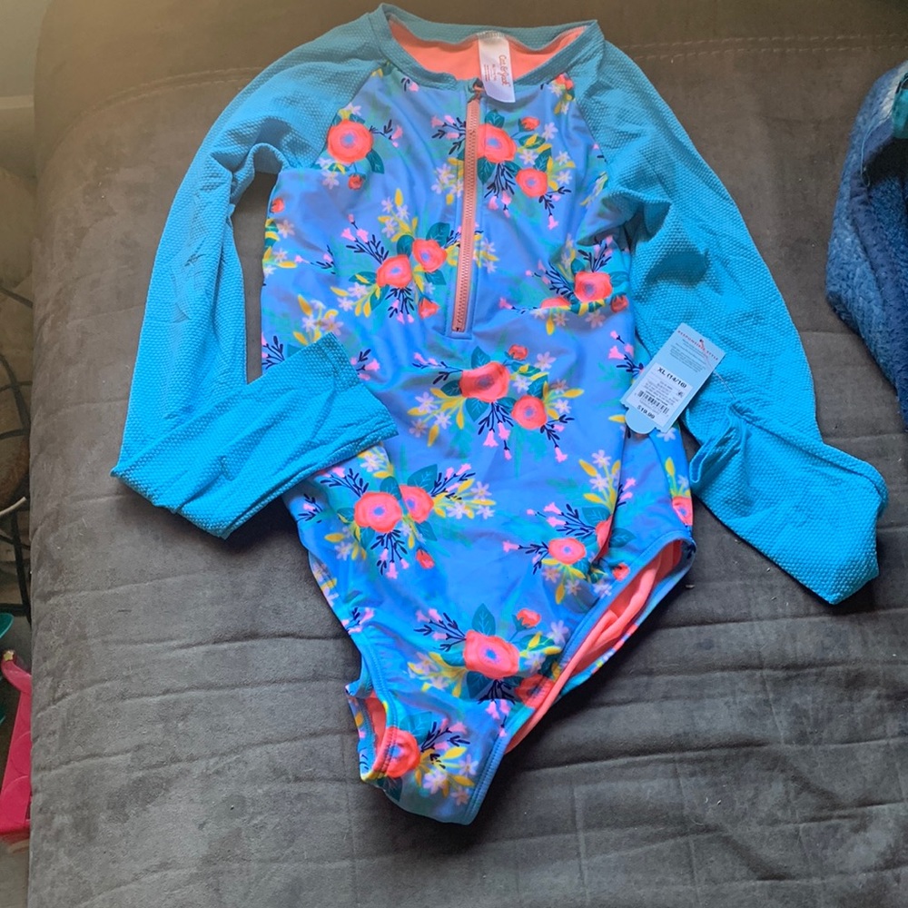 One piece blue flower swimsuit